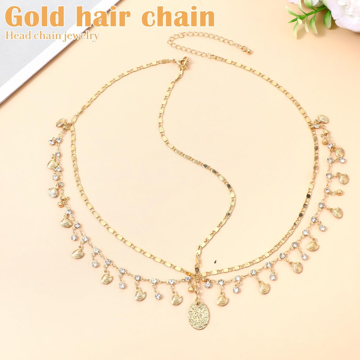 Nogeqi Gold Head Chain Shells Rhinestone Egyptian Headpiece Gold Genie Head Jewelry for Women Girls Goddess, Boho Headpiece Egyptian Hair Accessories for Festival Prom Wedding - görsel 9