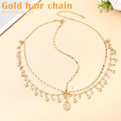 Nogeqi Gold Head Chain Shells Rhinestone Egyptian Headpiece Gold Genie Head Jewelry for Women Girls Goddess, Boho Headpiece Egyptian Hair Accessories for Festival Prom Wedding