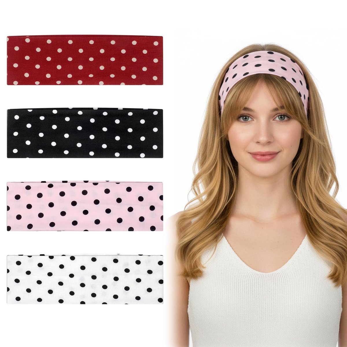 Molain 4 Pack Polka Dot Headband – Non-Slip Wide Elastic Headbands for Women, Yoga, Workout & Daily Fashion - görsel 1
