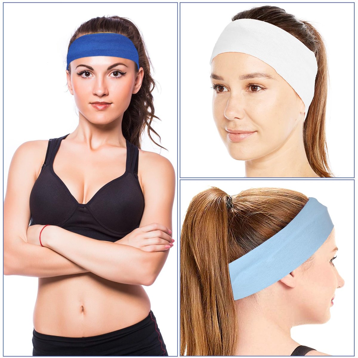 Mabor 3-Pack Non-Slip Headbands – Soft Elastic Stretchy Headbands for Women, Girls, Yoga, Workout, Sports – White & Blue Sweat Headbands - görsel 7