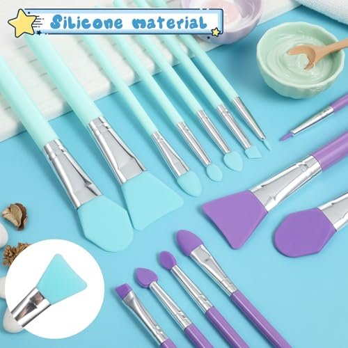 14-Piece Silicone Brush Applicator Kit - Green & Purple Face Mask Brushes, Resin Epoxy Art Brushes, Cream Makeup Applicators - görsel 8