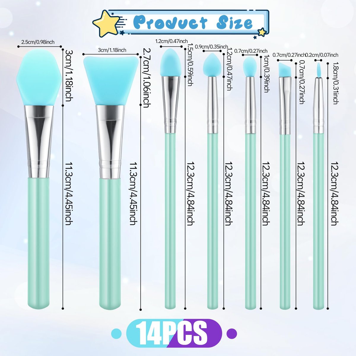 14-Piece Silicone Brush Applicator Kit - Green & Purple Face Mask Brushes, Resin Epoxy Art Brushes, Cream Makeup Applicators - görsel 3