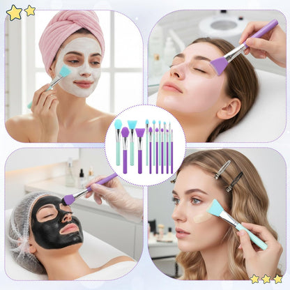 14-Piece Silicone Brush Applicator Kit - Green & Purple Face Mask Brushes, Resin Epoxy Art Brushes, Cream Makeup Applicators