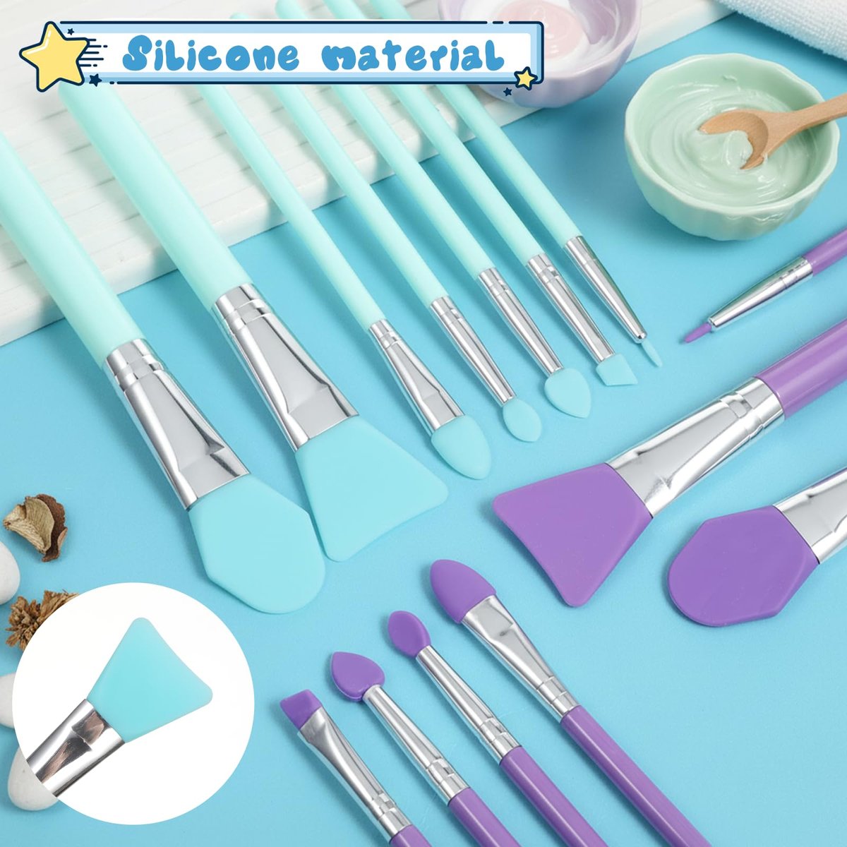 14-Piece Silicone Brush Applicator Kit - Green & Purple Face Mask Brushes, Resin Epoxy Art Brushes, Cream Makeup Applicators - görsel 7
