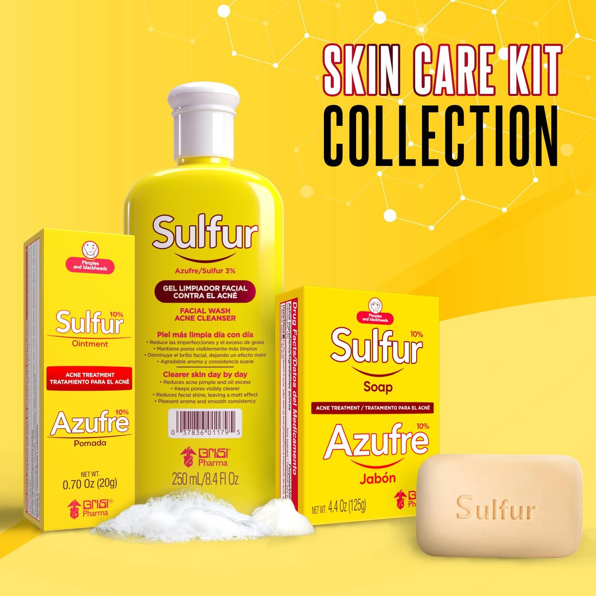Grisi Sulfur Soap for Acne Treatment – 10% Sulfur Deep Cleansing Bar, Reduces Breakouts & Excess Oil, 4.4 oz (6-Pack) Avelisse