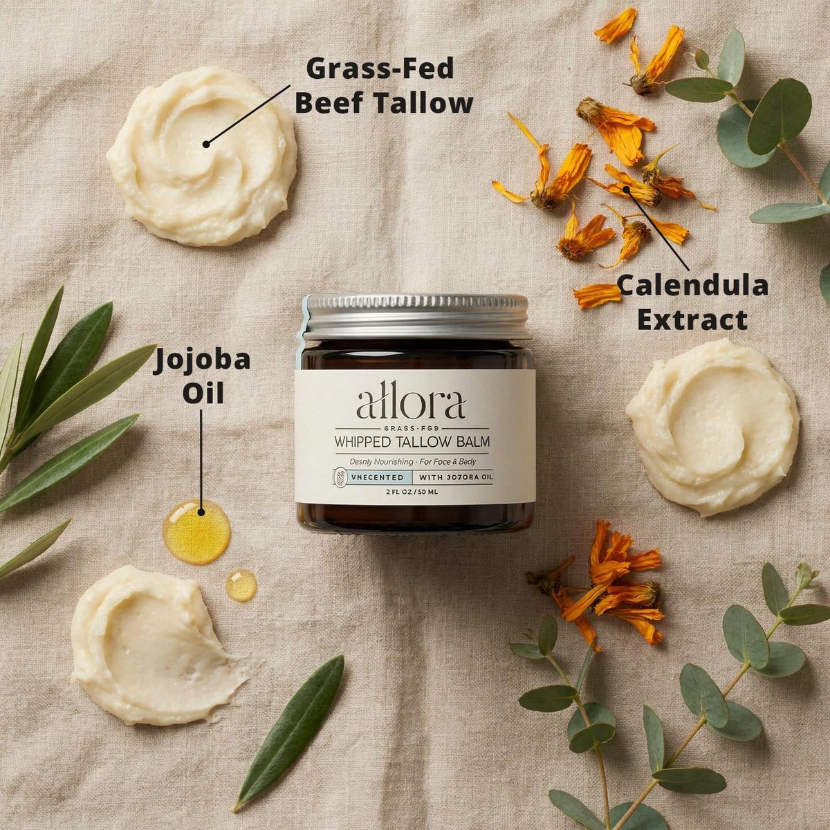 100% Grass Fed Beef Tallow for Skin - Whipped Tallow Balm with Jojoba Oil for Dry & Sensitive Skin, 2oz (Unscented) Avelisse