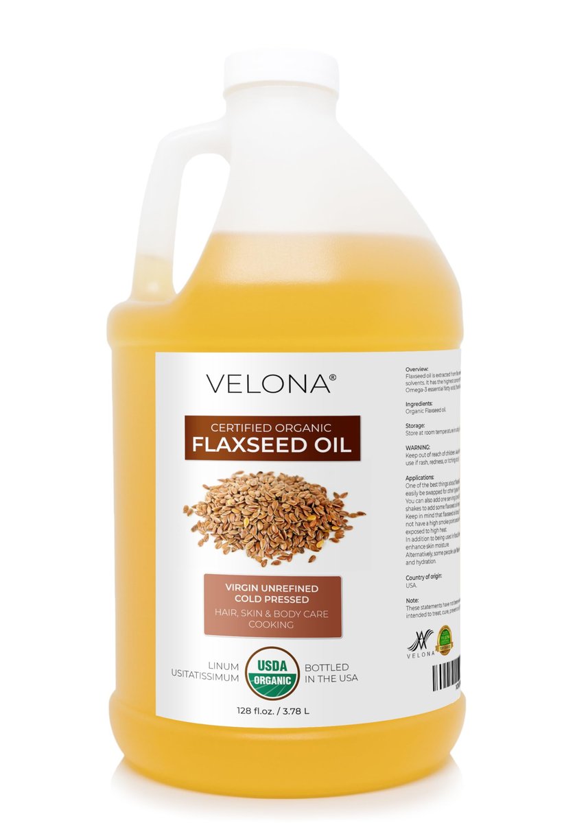 Velona USDA Certified Organic Flaxseed Oil - 1 Gallon (128 Fl Oz) | 100% Pure, Unrefined, Cold Pressed Carrier Oil for Body, Face & Skin Care Avelisse