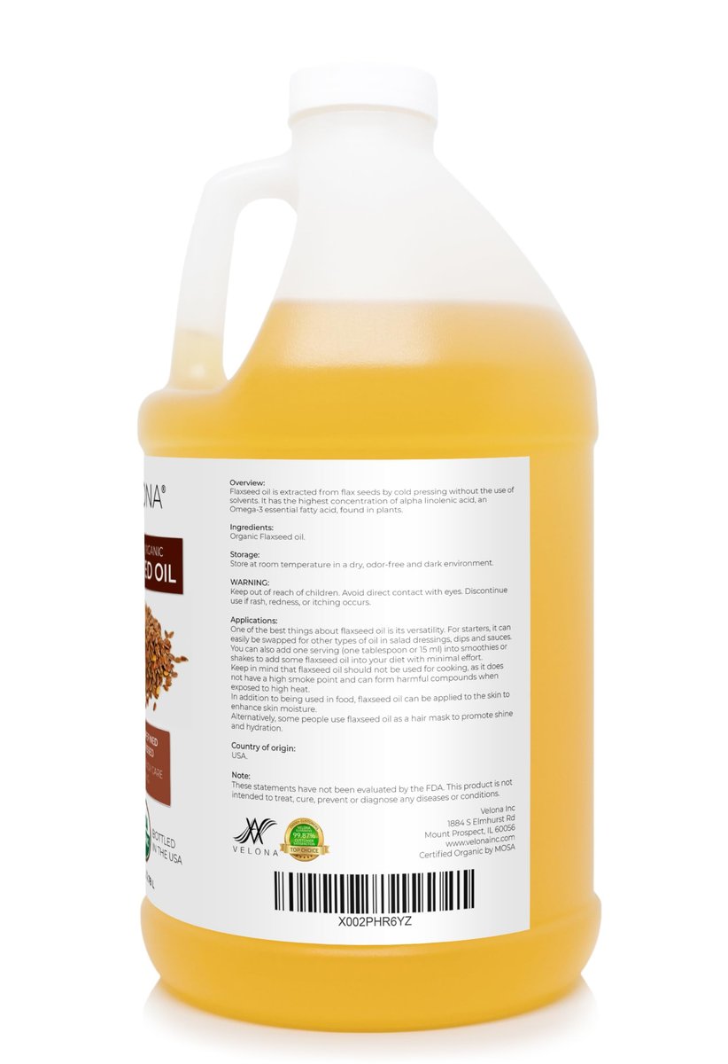 Velona USDA Certified Organic Flaxseed Oil - 1 Gallon (128 Fl Oz) | 100% Pure, Unrefined, Cold Pressed Carrier Oil for Body, Face & Skin Care Avelisse