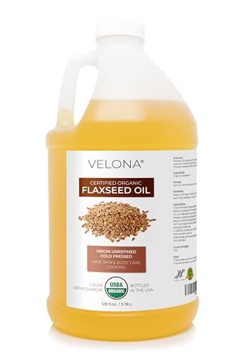 Velona USDA Certified Organic Flaxseed Oil - 1 Gallon (128 Fl Oz) | 100% Pure, Unrefined, Cold Pressed Carrier Oil for Body, Face & Skin Care Avelisse