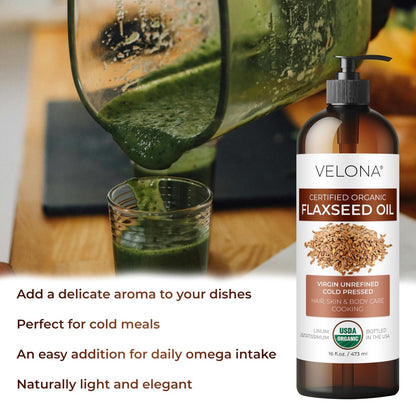 Velona USDA Certified Organic Flaxseed Oil - 1 Gallon (128 Fl Oz) | 100% Pure, Unrefined, Cold Pressed Carrier Oil for Body, Face & Skin Care Avelisse