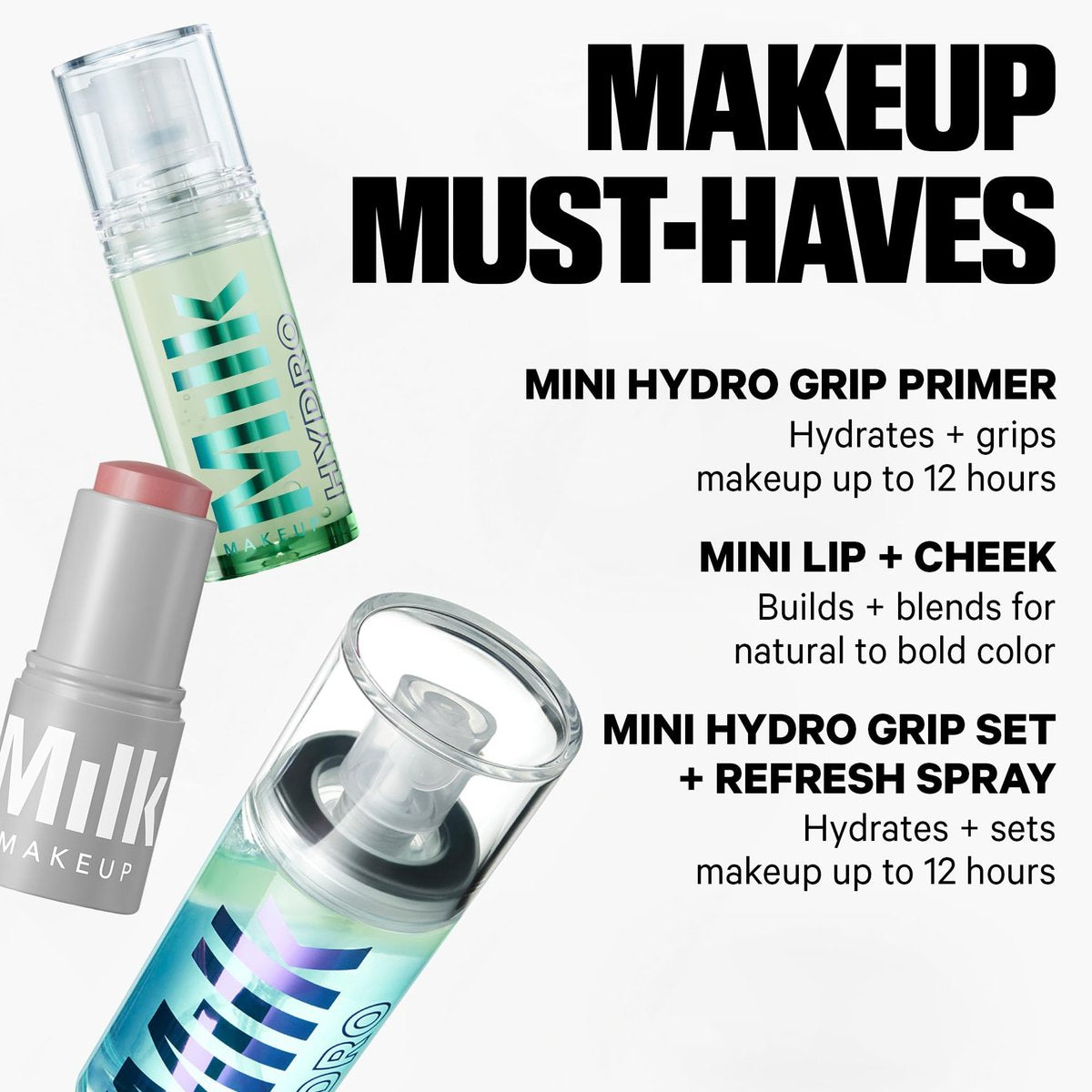 Milk Makeup Mini Must-Haves Set: Hydrating Primer, Setting Spray & Cream Blush Stick in Werk Avelisse