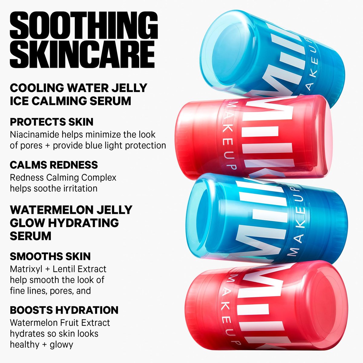 Milk Makeup Calming + Hydrating Jelly Skincare Serum Set – Reduce Puffiness, Redness, Brighten Skin, Minimize Pores & Lines – Cooling Water & Watermelon Jelly, 0.21 oz Each Avelisse