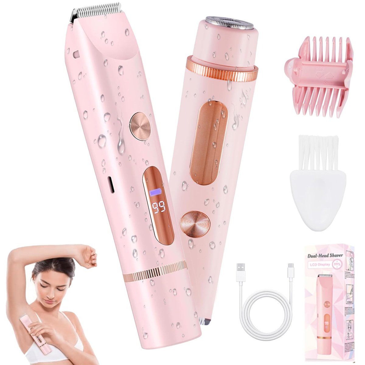 2 in 1 Bikini Trimmer for Women, Dual Head Electric Shaver with LED Display, IPX7 Waterproof, Rechargeable Women's Electric Razor for Armpit, Leg, Body, Facial Wet & Dry Use Avelisse