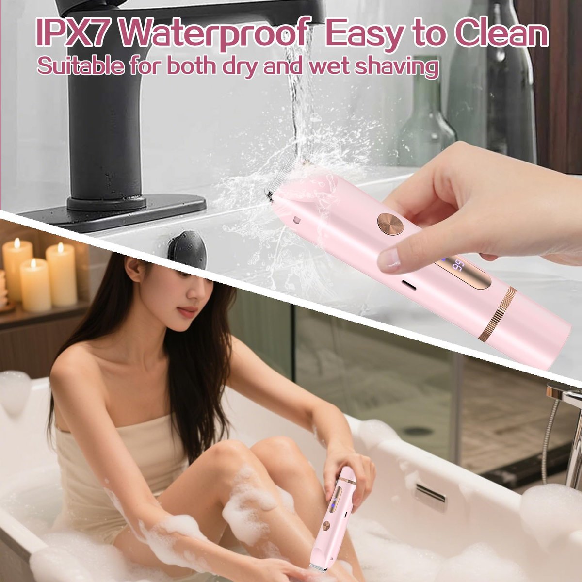 2 in 1 Bikini Trimmer for Women, Dual Head Electric Shaver with LED Display, IPX7 Waterproof, Rechargeable Women's Electric Razor for Armpit, Leg, Body, Facial Wet & Dry Use Avelisse