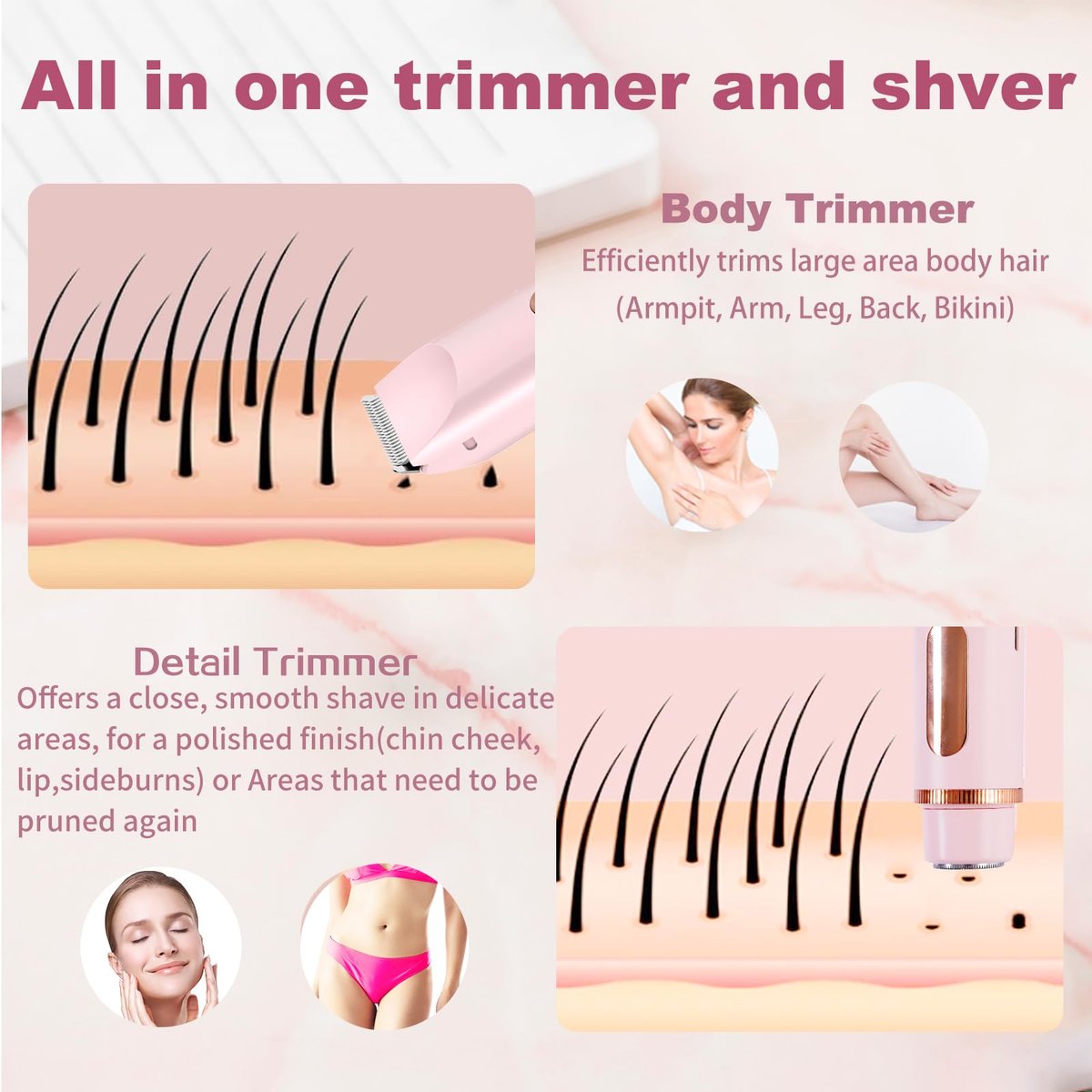 2 in 1 Bikini Trimmer for Women, Dual Head Electric Shaver with LED Display, IPX7 Waterproof, Rechargeable Women's Electric Razor for Armpit, Leg, Body, Facial Wet & Dry Use Avelisse