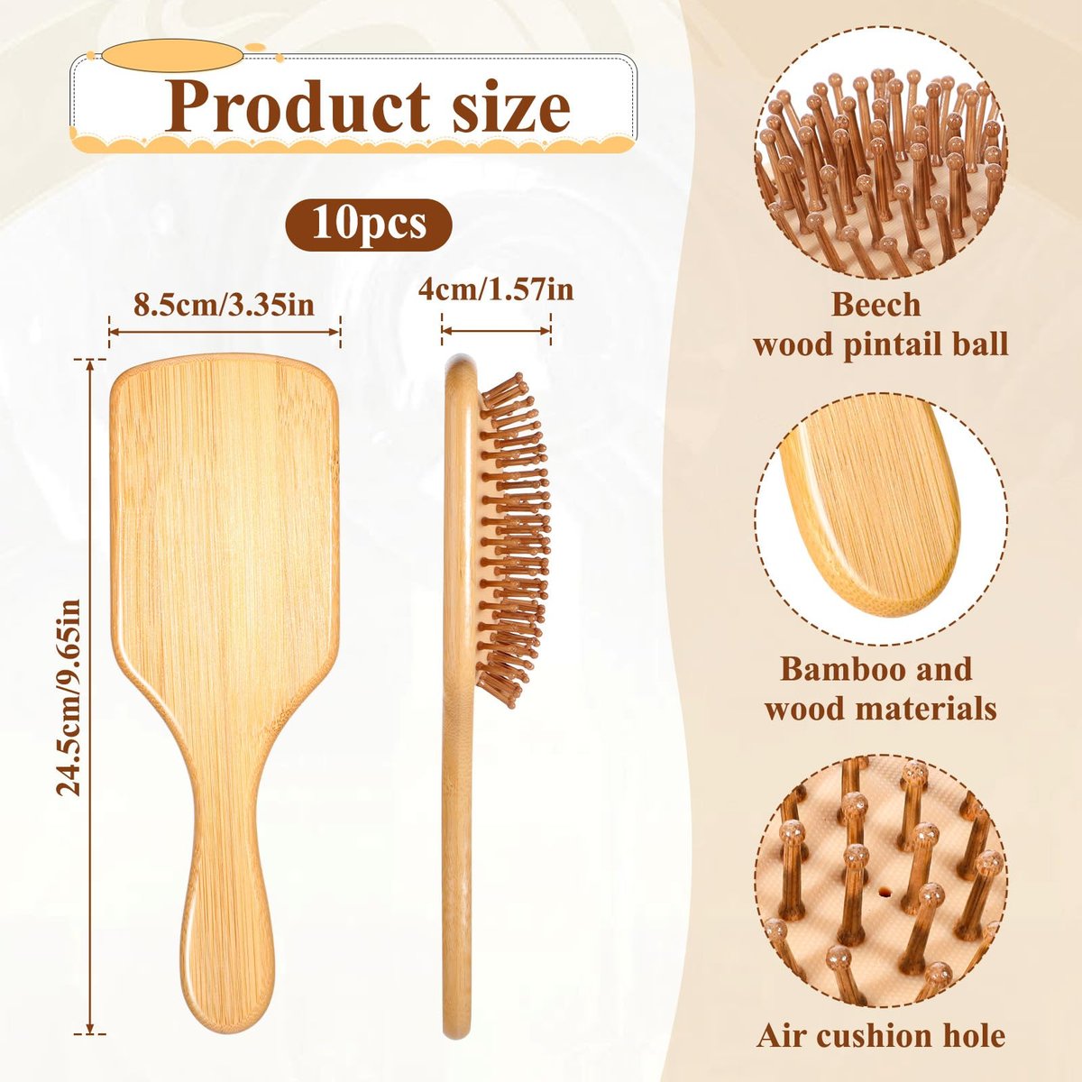 Bamboo Hair Brushes Bulk - 10 Pack Anti Static Wooden Paddle Brush with Round-Tipped Bamboo Bristles for Detangling and Scalp Massage, 9.65 x 3.35 Inches Avelisse