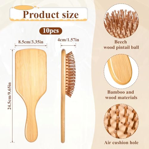 Bamboo Hair Brushes Bulk - 10 Pack Anti Static Wooden Paddle Brush with Round-Tipped Bamboo Bristles for Detangling and Scalp Massage, 9.65 x 3.35 Inches Avelisse