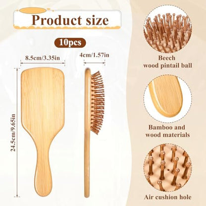 Bamboo Hair Brushes Bulk - 10 Pack Anti Static Wooden Paddle Brush with Round-Tipped Bamboo Bristles for Detangling and Scalp Massage, 9.65 x 3.35 Inches Avelisse