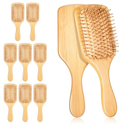 Bamboo Hair Brushes Bulk - 10 Pack Anti Static Wooden Paddle Brush with Round-Tipped Bamboo Bristles for Detangling and Scalp Massage, 9.65 x 3.35 Inches Avelisse