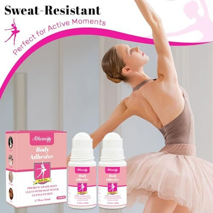 2 Pack Body Glue for Clothes Roll-On – Strong Hold Body Adhesive for Clothing & Skin, Sweat Resistant, Easy Wash-Off Fashion Glue for Socks, Bras, Wigs, Costumes & Leotards, No Residue, Gentle Formula