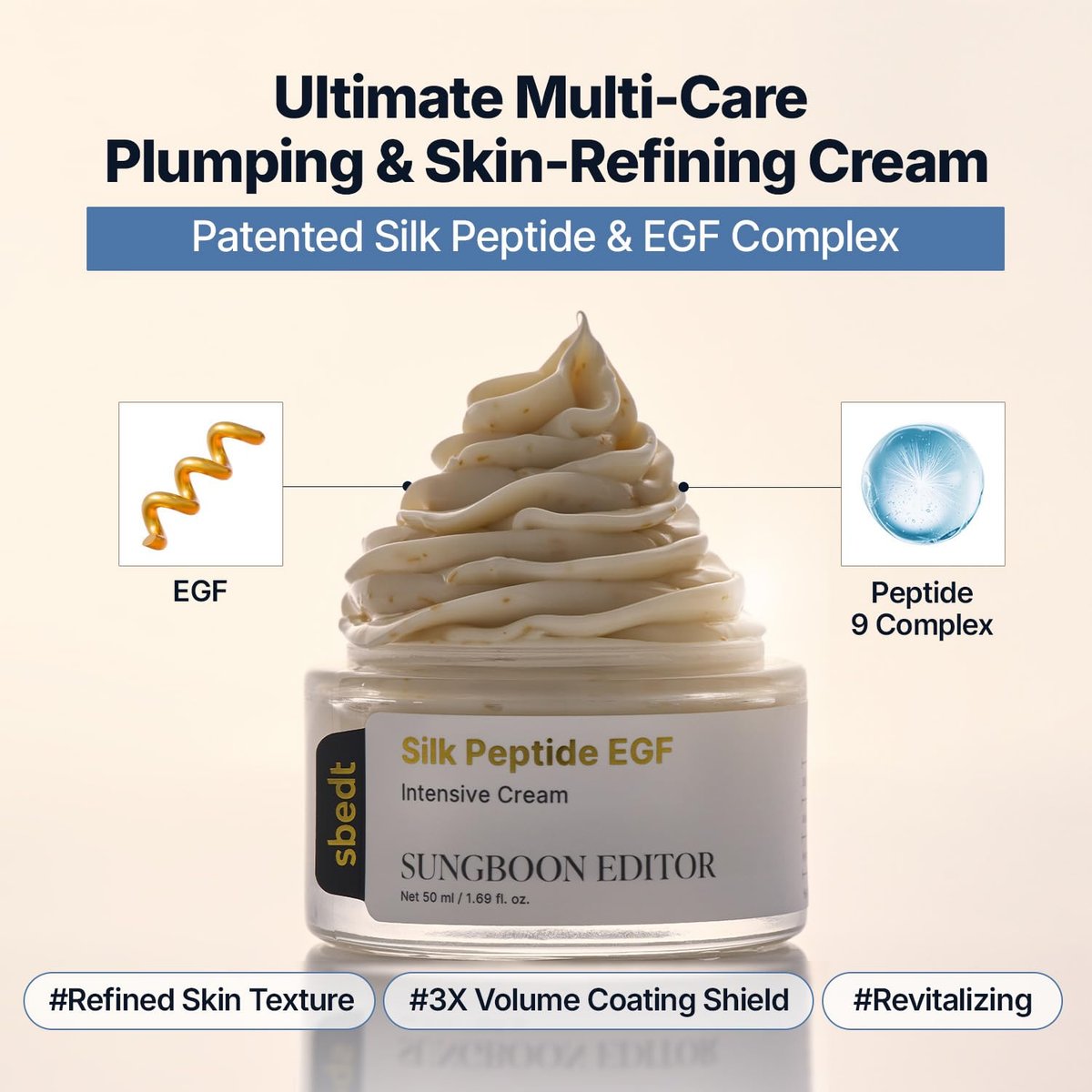 SUNGBOON EDITOR Silk Peptide EGF Cream - Face Moisturizer with Copper Peptides, Volufiline & Patented Peptide Complex for Fine Lines, Dry Skin, Firmness & Hydration - Korean Skincare 1.69 fl oz Avelisse