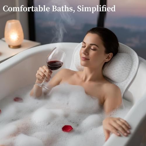 LIBRALUX Bath Pillow – Luxury Bathtub Pillow for Neck and Back Support with Soft 4D Breathable Mesh Fabric and Nonslip Suction Cups, Relaxing Bath Accessories Spa Gifts (Wave White) Avelisse