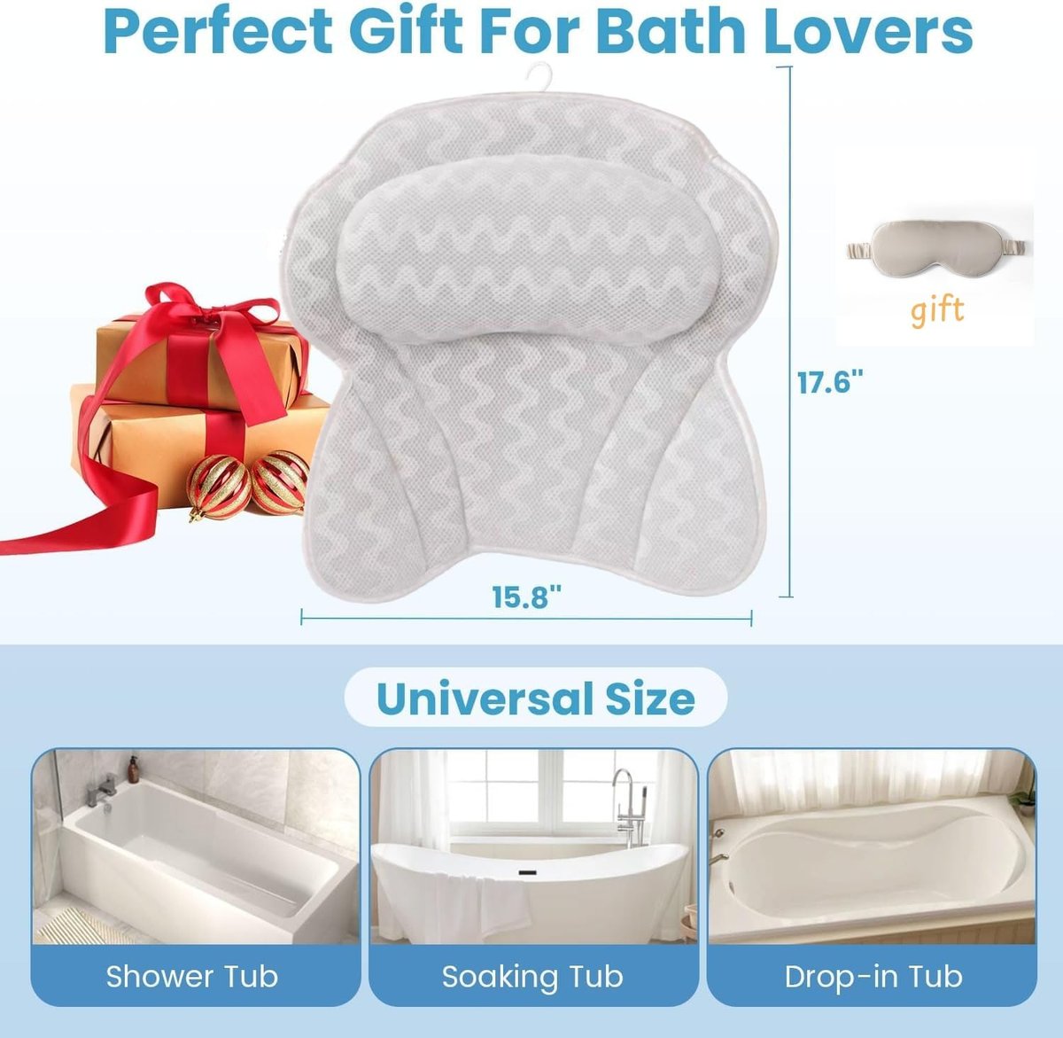 LIBRALUX Bath Pillow – Luxury Bathtub Pillow for Neck and Back Support with Soft 4D Breathable Mesh Fabric and Nonslip Suction Cups, Relaxing Bath Accessories Spa Gifts (Wave White) Avelisse