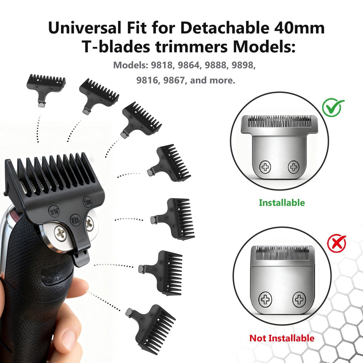 Beard Trimmer Guide Comb Set Compatible with Wahl 40mm Detachable T-Blade Trimmer Models, 8 Full Size Attachment Guards (1/16" to 1/2"), 8 Pack – Loarysk - görsel 5