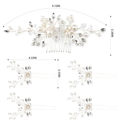 5PCS Bridal Side Combs Set – Rhinestone Crystal Pearl Hair Accessories for Bride Bridesmaids, Copper Wire Wedding Hair Clips for Prom Party Formal Dresses
