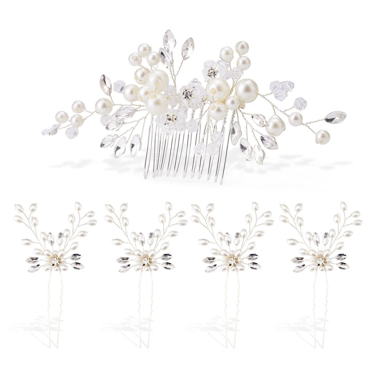 5PCS Bridal Side Combs Set – Rhinestone Crystal Pearl Hair Accessories for Bride Bridesmaids, Copper Wire Wedding Hair Clips for Prom Party Formal Dresses - görsel 1