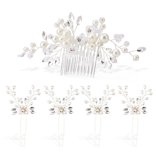 5PCS Bridal Side Combs Set – Rhinestone Crystal Pearl Hair Accessories for Bride Bridesmaids, Copper Wire Wedding Hair Clips for Prom Party Formal Dresses