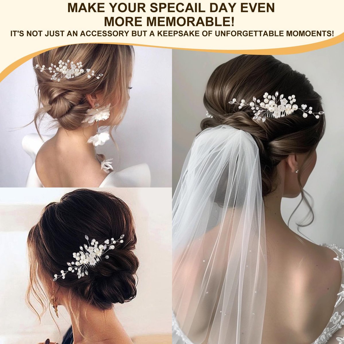 5PCS Bridal Side Combs Set – Rhinestone Crystal Pearl Hair Accessories for Bride Bridesmaids, Copper Wire Wedding Hair Clips for Prom Party Formal Dresses - görsel 5