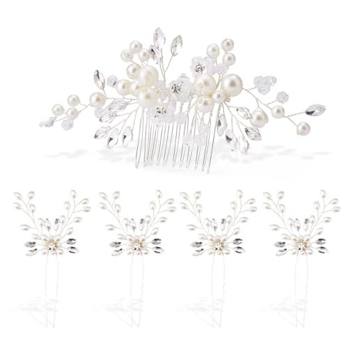 5PCS Bridal Side Combs Set – Rhinestone Crystal Pearl Hair Accessories for Bride Bridesmaids, Copper Wire Wedding Hair Clips for Prom Party Formal Dresses - görsel 2