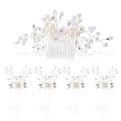 5PCS Bridal Side Combs Set – Rhinestone Crystal Pearl Hair Accessories for Bride Bridesmaids, Copper Wire Wedding Hair Clips for Prom Party Formal Dresses