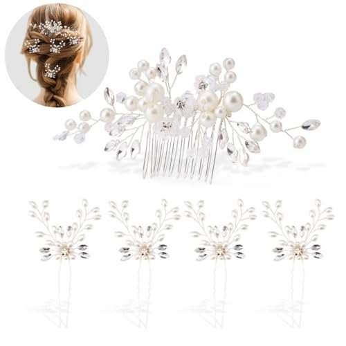 5PCS Bridal Side Combs Set – Rhinestone Crystal Pearl Hair Accessories for Bride Bridesmaids, Copper Wire Wedding Hair Clips for Prom Party Formal Dresses - görsel 16