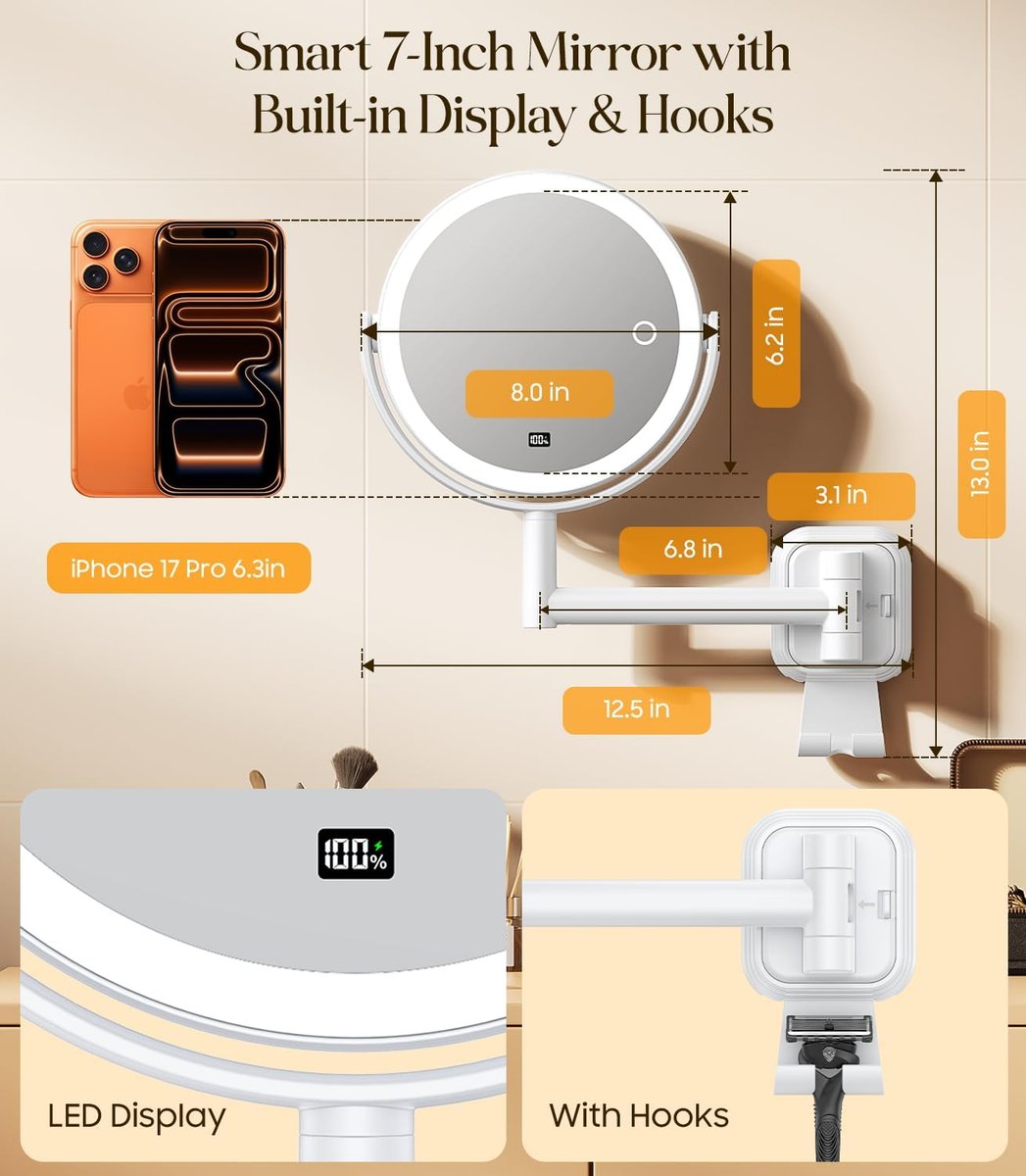 Gospire No Drilling Wall Mounted Lighted Makeup Mirror with Magnification 10X, 7 Inch Rechargeable Magnifying Vanity Mirror with Hooks, LED Display & 3 Light Modes for Bathroom - White Avelisse