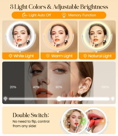 Gospire No Drilling Wall Mounted Lighted Makeup Mirror with Magnification 10X, 7 Inch Rechargeable Magnifying Vanity Mirror with Hooks, LED Display & 3 Light Modes for Bathroom - White Avelisse