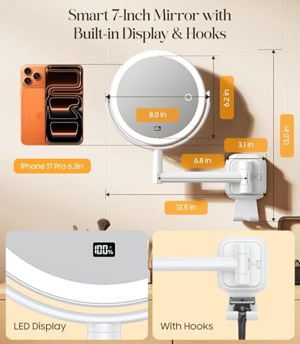 Gospire No Drilling Wall Mounted Lighted Makeup Mirror with Magnification 10X, 7 Inch Rechargeable Magnifying Vanity Mirror with Hooks, LED Display & 3 Light Modes for Bathroom - White Avelisse