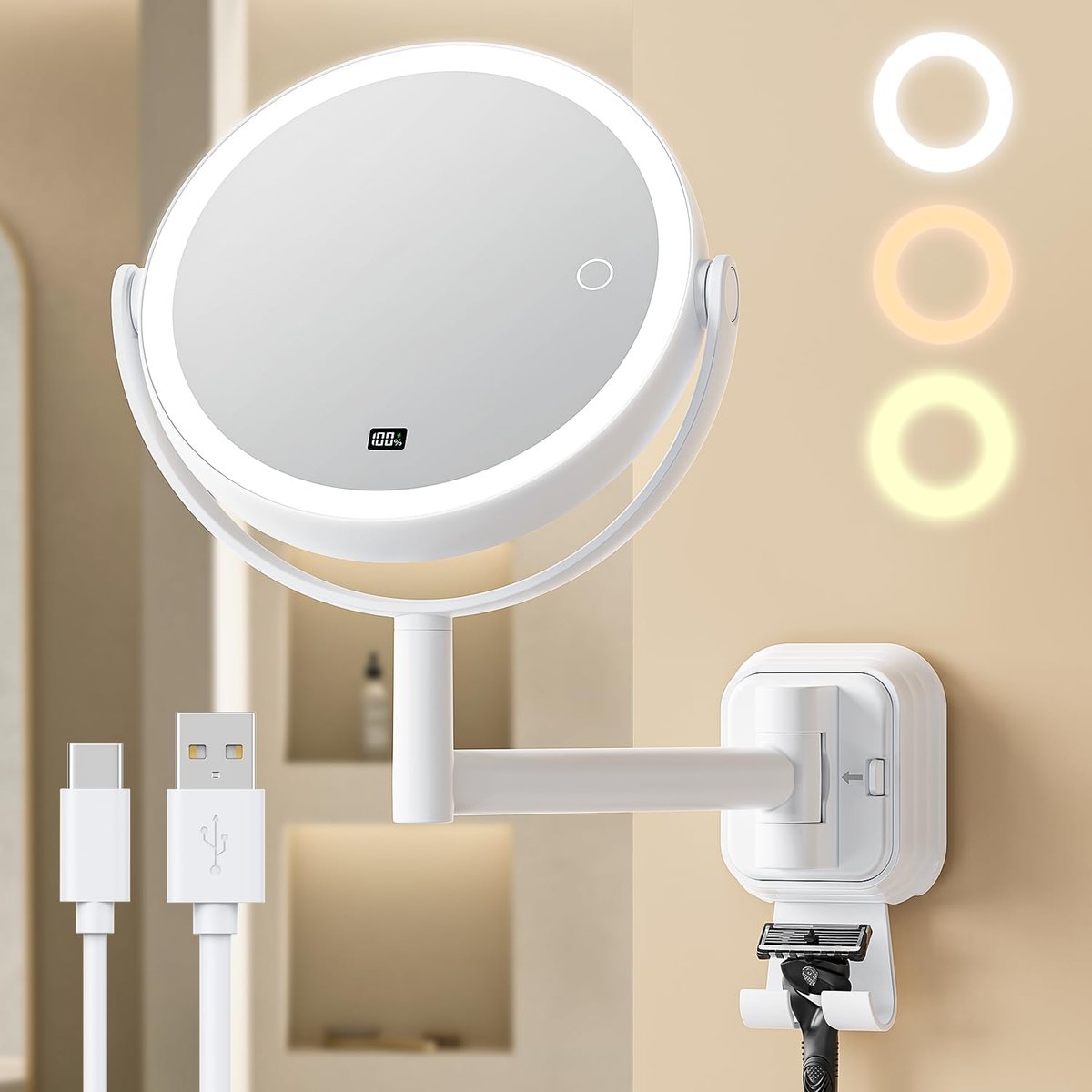 Gospire No Drilling Wall Mounted Lighted Makeup Mirror with Magnification 10X, 7 Inch Rechargeable Magnifying Vanity Mirror with Hooks, LED Display & 3 Light Modes for Bathroom - White Avelisse