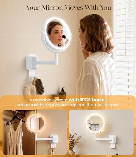 Gospire No Drilling Wall Mounted Lighted Makeup Mirror with Magnification 10X, 7 Inch Rechargeable Magnifying Vanity Mirror with Hooks, LED Display & 3 Light Modes for Bathroom - White Avelisse