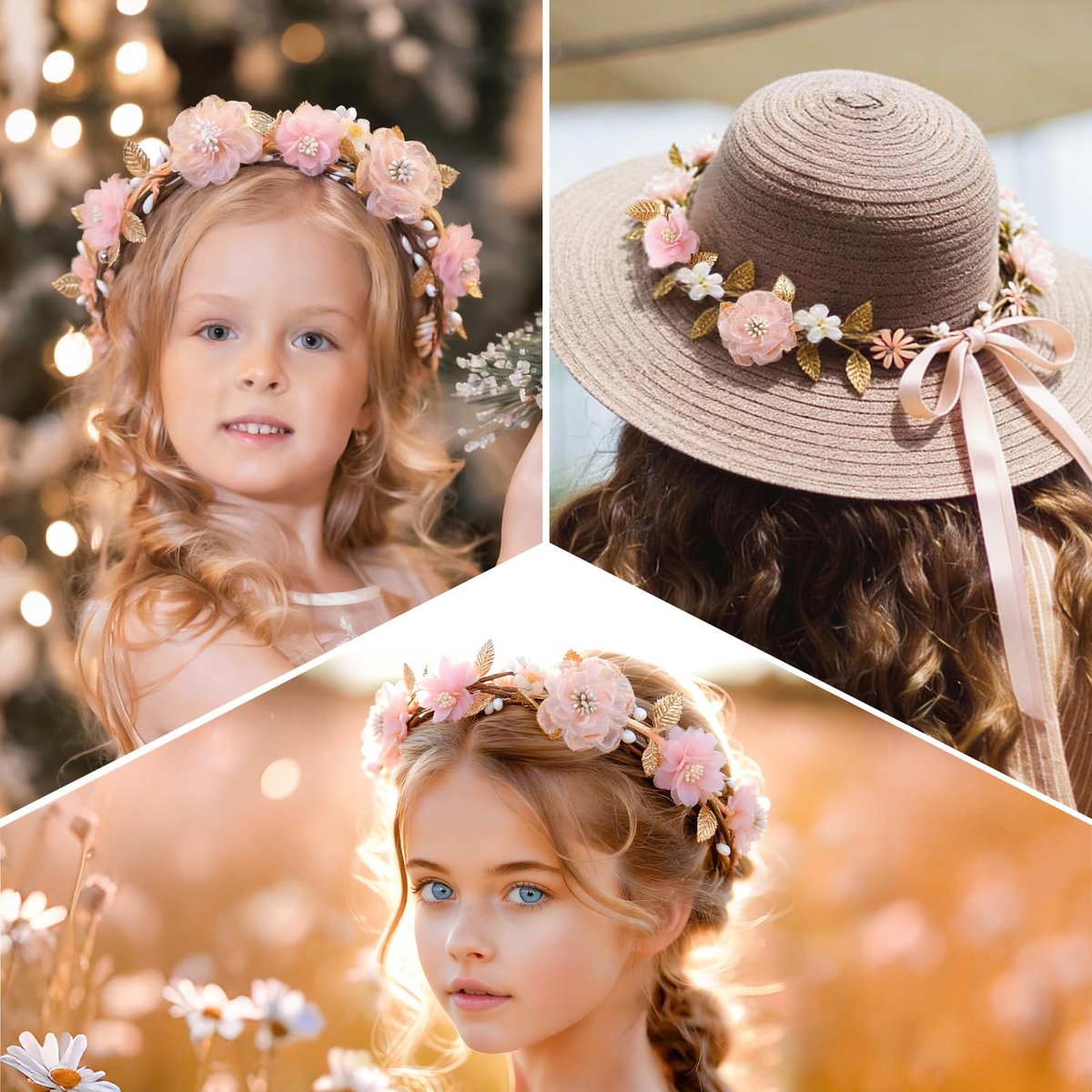 ZWLIYCHN Hot Pink Flower Crown Headband – Adjustable Fairy Flower Crown with Golden Leaf, Bohemia Floral Halo for Boho Wedding, Flower Girl, Maternity Photo Props - görsel 14