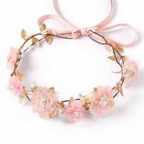 ZWLIYCHN Hot Pink Flower Crown Headband – Adjustable Fairy Flower Crown with Golden Leaf, Bohemia Floral Halo for Boho Wedding, Flower Girl, Maternity Photo Props - görsel 1