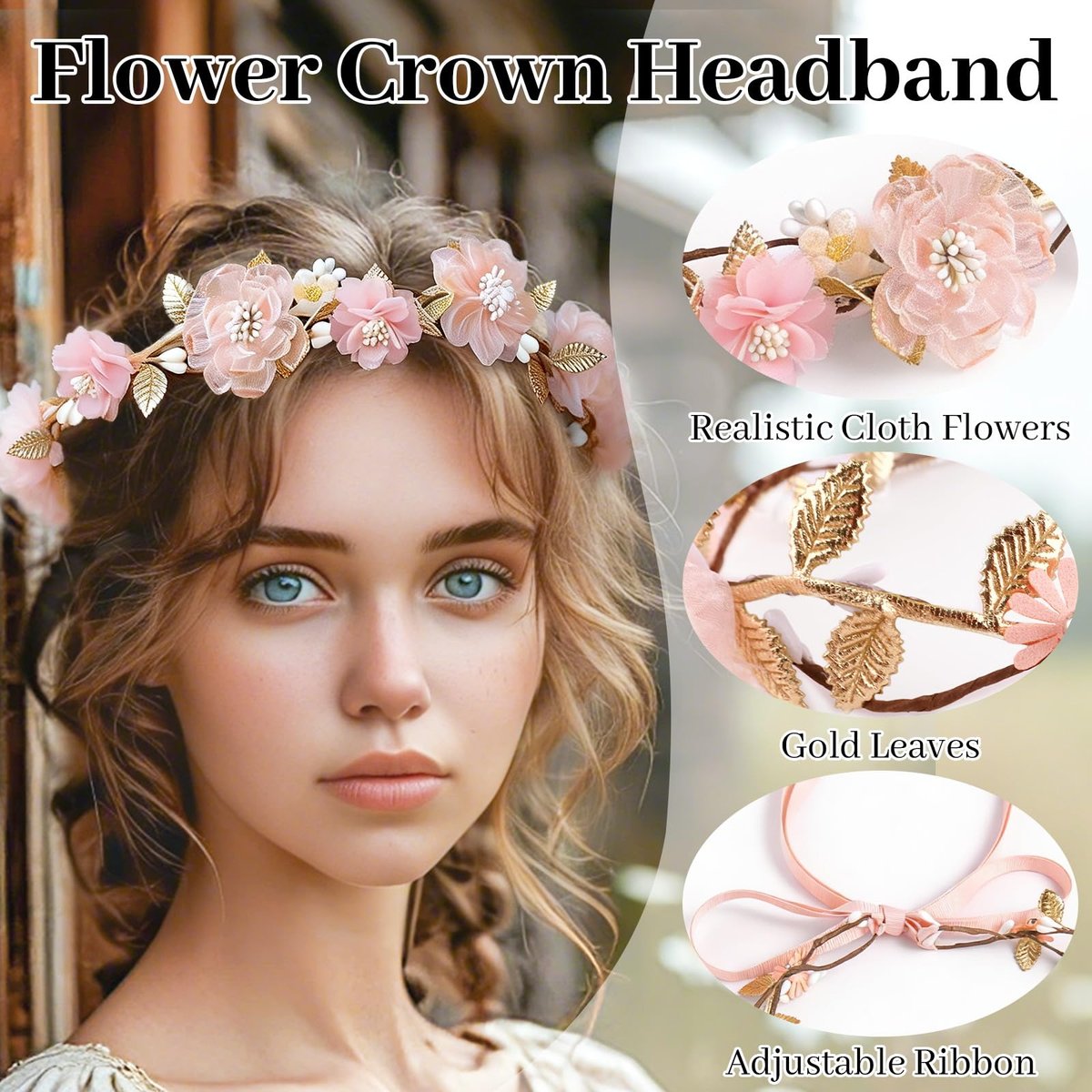 ZWLIYCHN Hot Pink Flower Crown Headband – Adjustable Fairy Flower Crown with Golden Leaf, Bohemia Floral Halo for Boho Wedding, Flower Girl, Maternity Photo Props - görsel 4