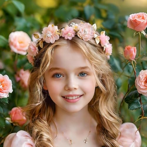 ZWLIYCHN Hot Pink Flower Crown Headband – Adjustable Fairy Flower Crown with Golden Leaf, Bohemia Floral Halo for Boho Wedding, Flower Girl, Maternity Photo Props - görsel 5