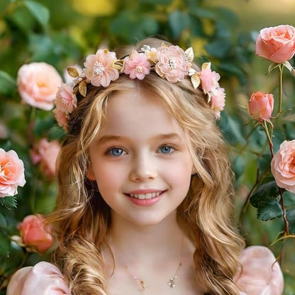 ZWLIYCHN Hot Pink Flower Crown Headband – Adjustable Fairy Flower Crown with Golden Leaf, Bohemia Floral Halo for Boho Wedding, Flower Girl, Maternity Photo Props