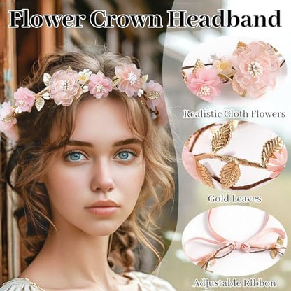 ZWLIYCHN Hot Pink Flower Crown Headband – Adjustable Fairy Flower Crown with Golden Leaf, Bohemia Floral Halo for Boho Wedding, Flower Girl, Maternity Photo Props