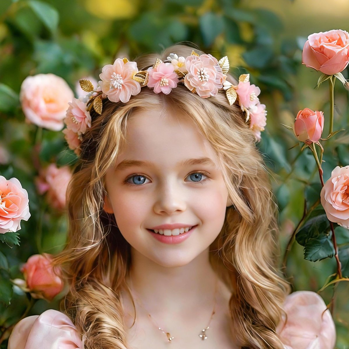 ZWLIYCHN Hot Pink Flower Crown Headband – Adjustable Fairy Flower Crown with Golden Leaf, Bohemia Floral Halo for Boho Wedding, Flower Girl, Maternity Photo Props - görsel 6