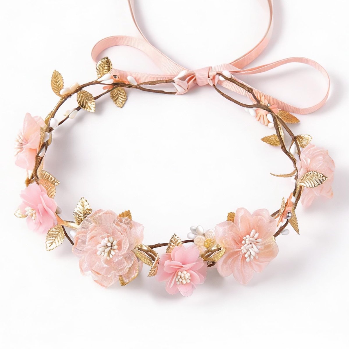 ZWLIYCHN Hot Pink Flower Crown Headband – Adjustable Fairy Flower Crown with Golden Leaf, Bohemia Floral Halo for Boho Wedding, Flower Girl, Maternity Photo Props - görsel 2