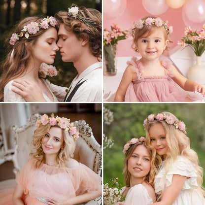 ZWLIYCHN Hot Pink Flower Crown Headband – Adjustable Fairy Flower Crown with Golden Leaf, Bohemia Floral Halo for Boho Wedding, Flower Girl, Maternity Photo Props