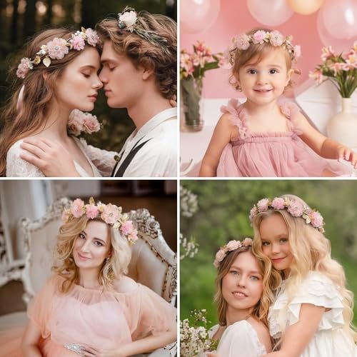 ZWLIYCHN Hot Pink Flower Crown Headband – Adjustable Fairy Flower Crown with Golden Leaf, Bohemia Floral Halo for Boho Wedding, Flower Girl, Maternity Photo Props - görsel 15